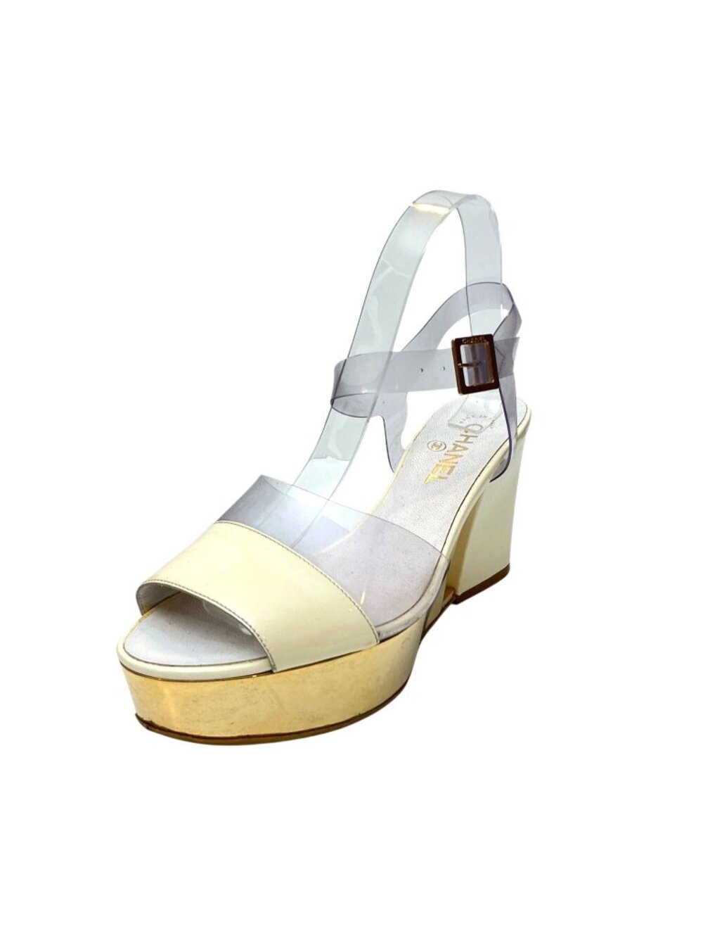 CHANEL Vintage Gold Wedge Platforms With PVC Straps sz 9.5 - Picture 2 of 16